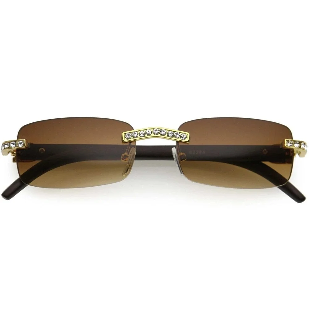 Rimless Sunglasses Gold Rhinestone Wood Arms Brown Lens Men Hip Hop Square Style